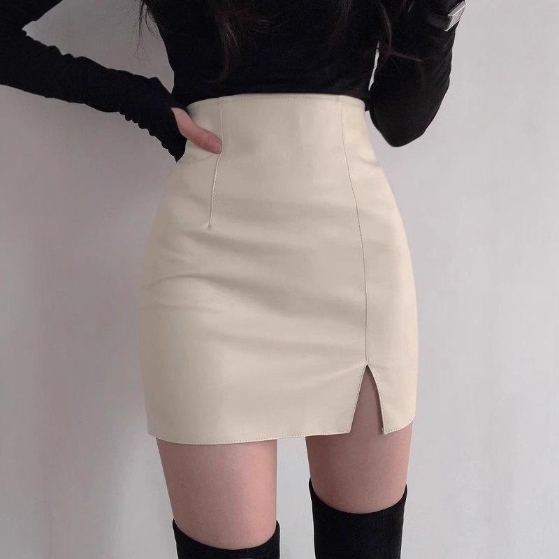 Women's High Waist Pencil Mini Skirt Faux Leather Solid Color Side Split PU Short Skirt