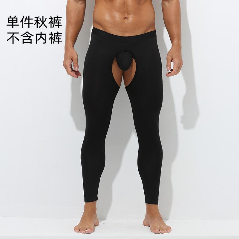 Men Sexy Thermal Underwear Bottoms Gay Open Front Lingerie Leggings Crotchless Nightwear Tights Slim Fit Stretchy Long John Pant