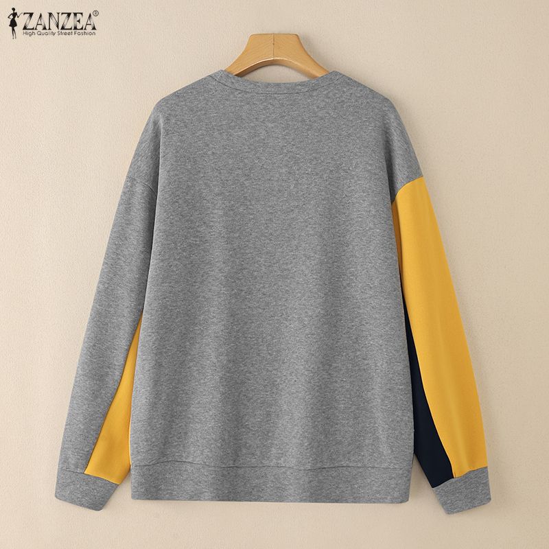 ZANZEA Women Casual Round Neck Patchwork Autumn Long Sleeve Sweatshirt