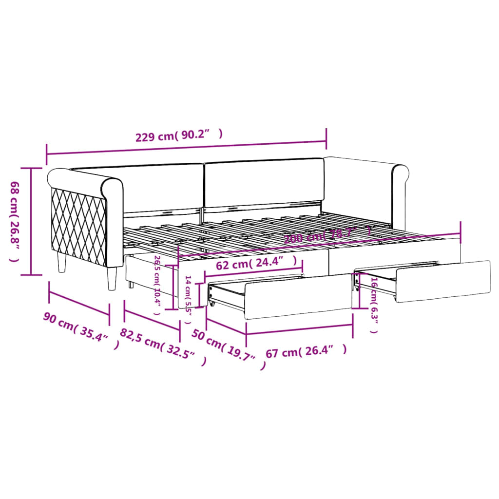 Extendable Daybed with Drawers Dark Grey 80x200 Cm Velvet