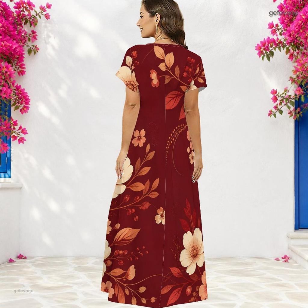 Women Plus Size V Neck Short Sleeve Printed Navy Blue Straight Maxi Dress