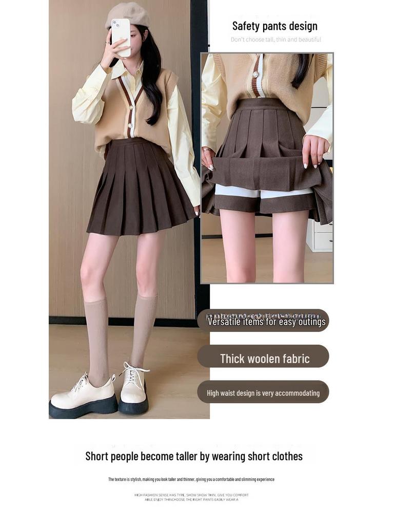 Wool Pocket Pleated Skirt for Women - High Waist, Thick, Retro, Short Skirt for Autumn & Winter