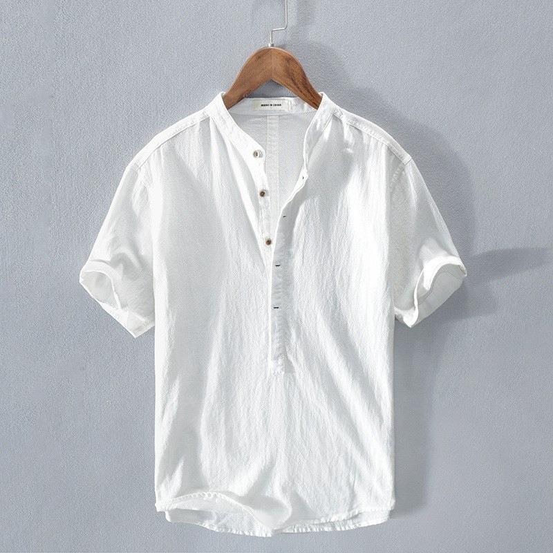 Men Summer Casual Loose Short Sleeve Stand Collar Breathable Linen Shirt