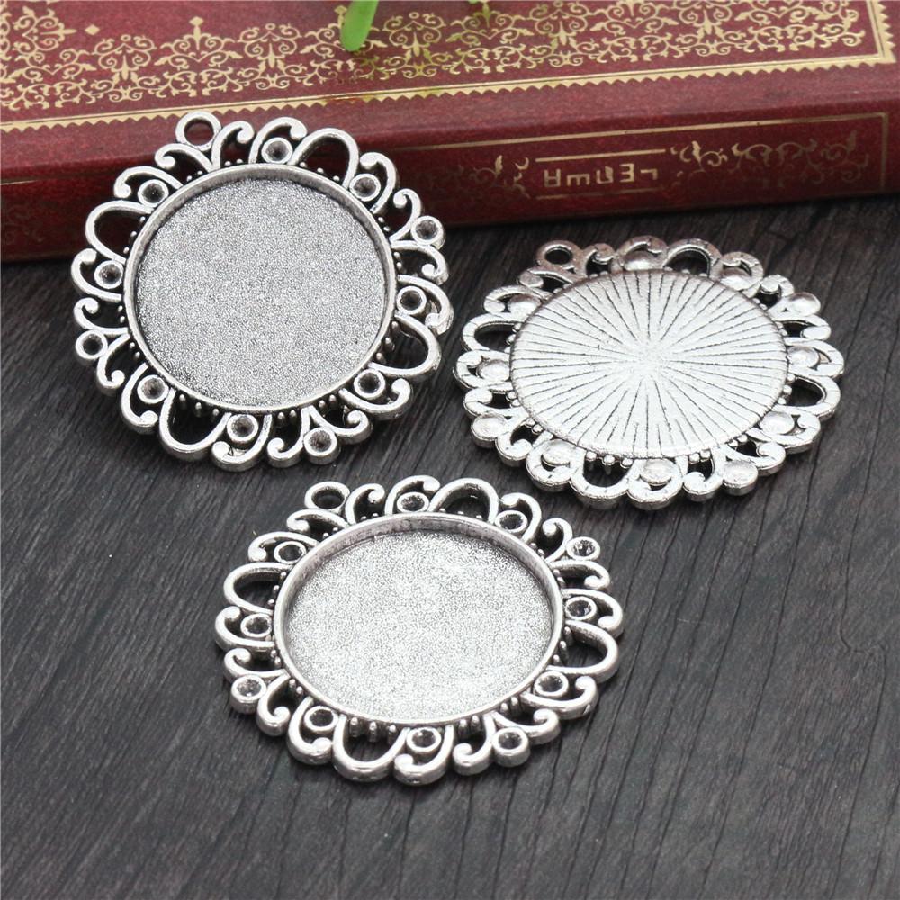 New Fashion 5pcs 25mm Inner Size Black Antique Silver Plated Bronze Flower Simple Style Cabochon Base Setting Charms Pendant