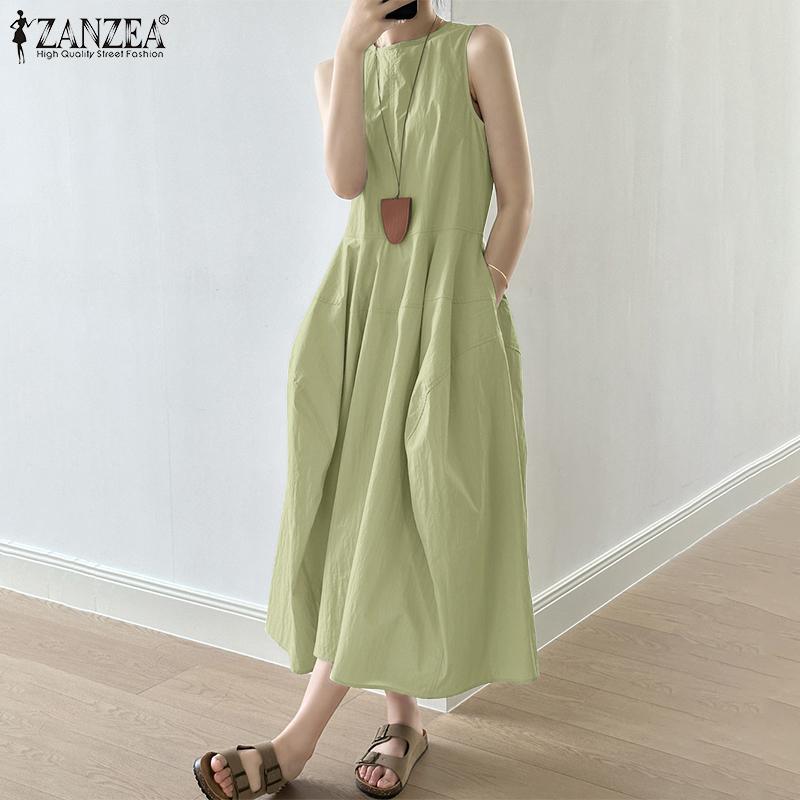 ZANZEA Women Casual Sleeveless Ruffled Baggy Casual Long Dress