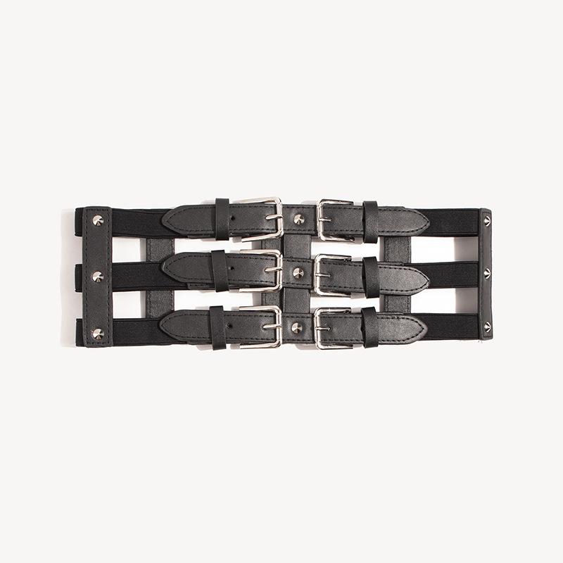 New Three-row Buckle Wide Waistband Punk Style Versatile Dark European and American Style Women's Belt