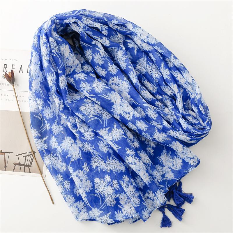 Fashion Luxury Women Viscose Scarf Ventilate Designer Shawl Cotton Linen Tassel Pashmina Muslim Hijab Wrap Floral