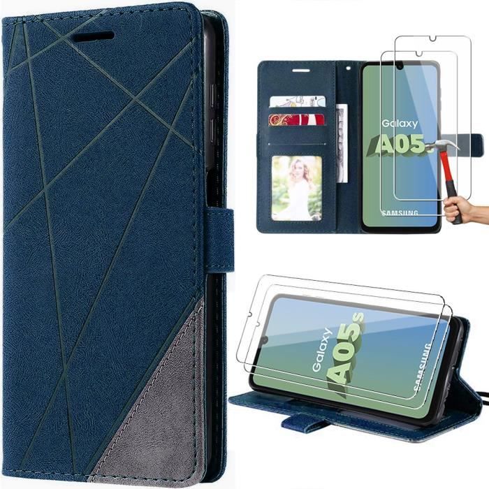 Coque pour Samsung Galaxy A05s - BOOLING - Semi-rigide - Synthécuir - Rabat - Bleu Marine avec 2 Verres Trempés