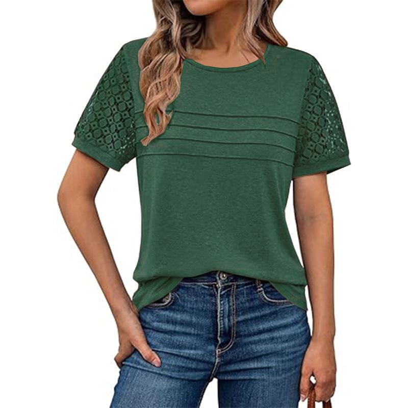 

women s Hollow Lace Patchwork Short Sleeve Crew Neck T Shirt Loose Casual Summer Blouse Top S армия зеленый