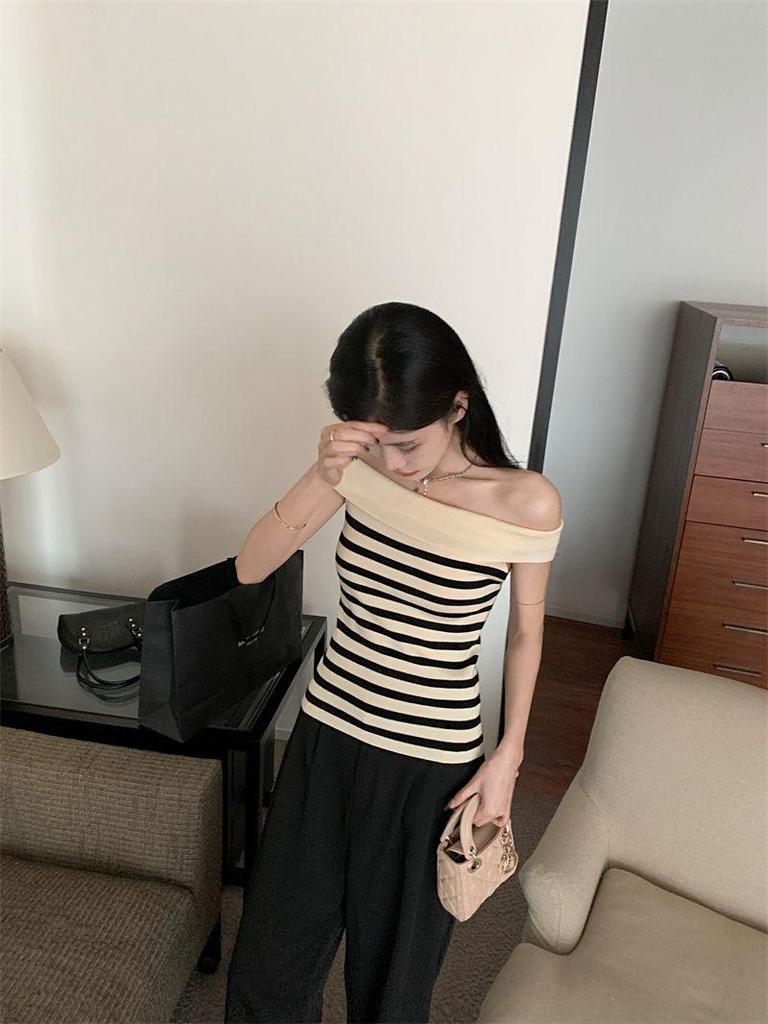 Women's Summer Off-the-Shoulder Striped Knit Sleeveless Top