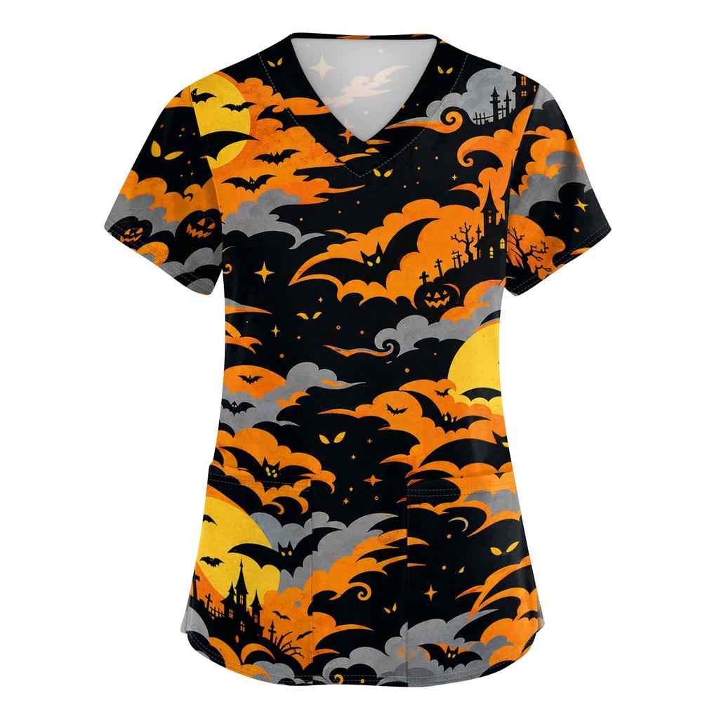 Women's V Neck Halloween Print Short Sleeve Medical Scrub Top with Pocket Side Slit Design Suitable for Healthcare Professionals