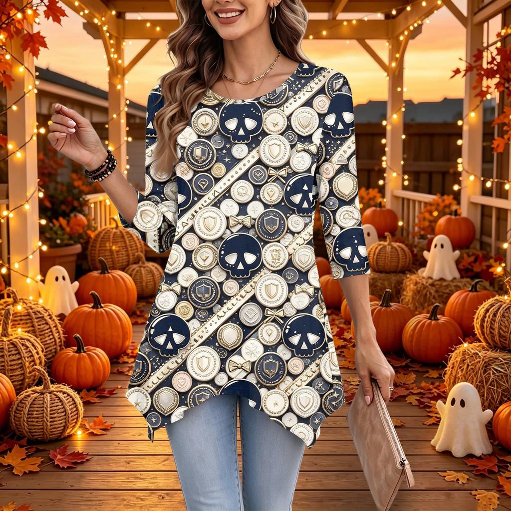 Women's Casual Halloween Print Top, Loose Fit Three-Quarter Sleeve