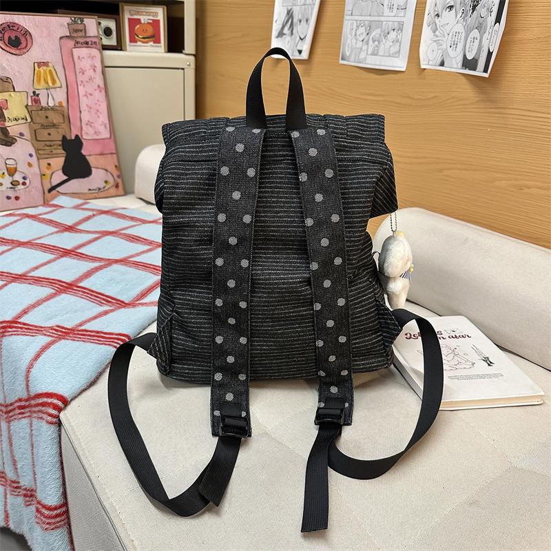 Vintage Star Striped Denim Backpack Student Class Book Bag