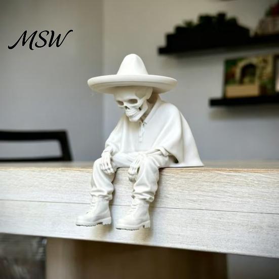 Spooky Aesthetic Office Ornaments 3D Printed Sitting Skeleton Shelf Sitter Figurine, Gothic Hat Desktop Figurines Ornament, Trendy Home Table