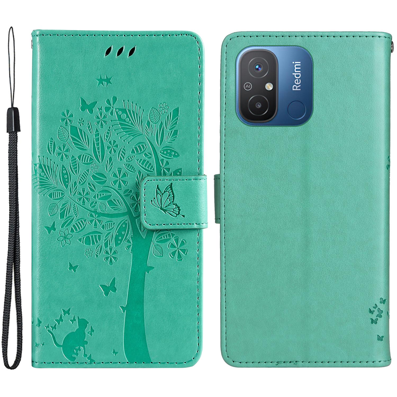 

For Xiaomi Redmi 12C 4G/11A 4G Phone Case with Stand Cat Tree Pattern Leather Wallet Mobile Cover Green