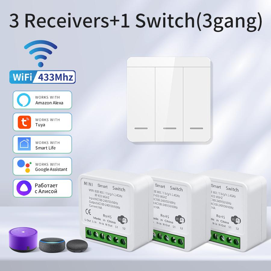 Tuya WiFi Smart Switch 433MHz Relais Empfänger Kabellos 1/2/3-fach 86 Wandpanel Schalter APP-Steuerung Funktioniert mit Alexa Google Home