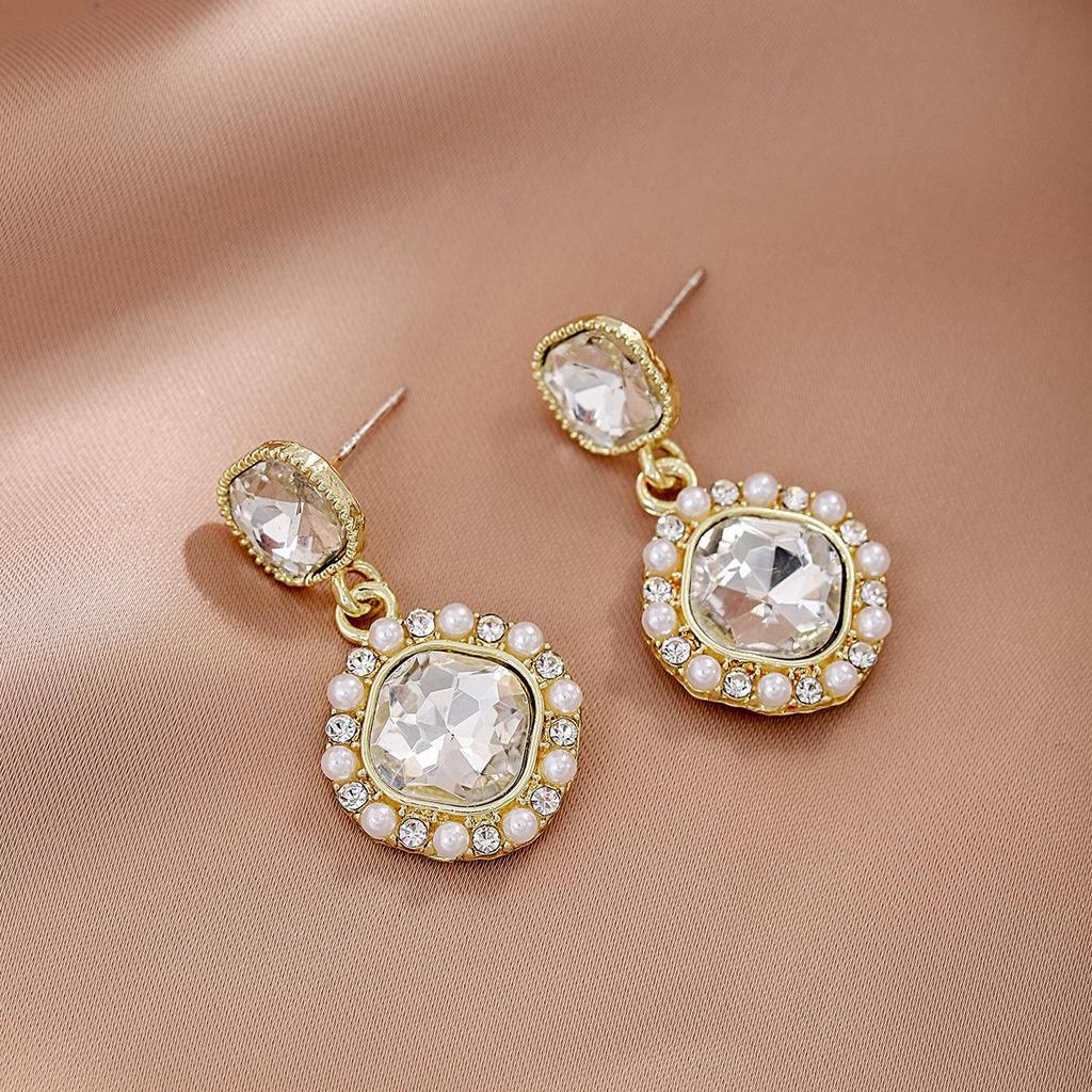 Silver Needle Chic Retro Geometric Square Earrings with Rhinestones & Pearls for Women