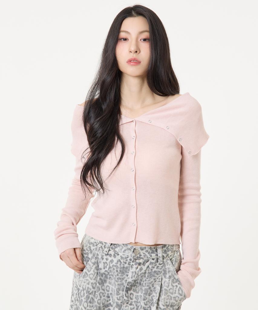UNKNOWN PLANET Ring Snap Off-Shoulder Long Sleeve Knit Top Pink