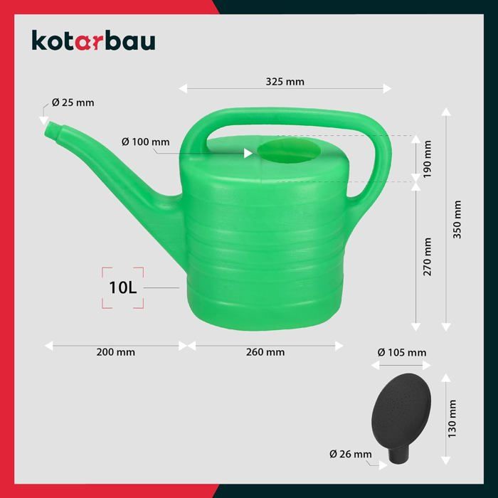 Arrosoir Plastique avec pomme d'arrosage démontable 10 L - pour Intérieur et Extérieur - Vert - KOTARBAU®