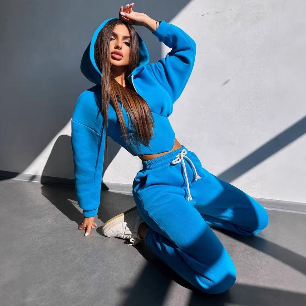 European and American fashion casual women's solid color long-sleeved waist cardigan hooded sweater strappy pants two-piece set