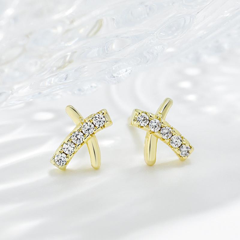 Small Lines X Earrings Japanese and Korean Version Diamond-set High-end Feel Personalized and Cold Style Letter Cross Pearl Earrings