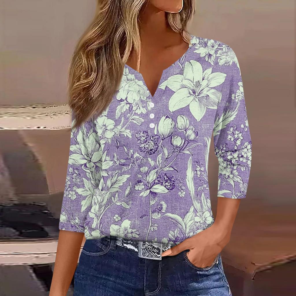 Women's T Shirt Tee Print Button  3/4 SleeveDaily Weekend Fashion Basic V- Neck Regular Top