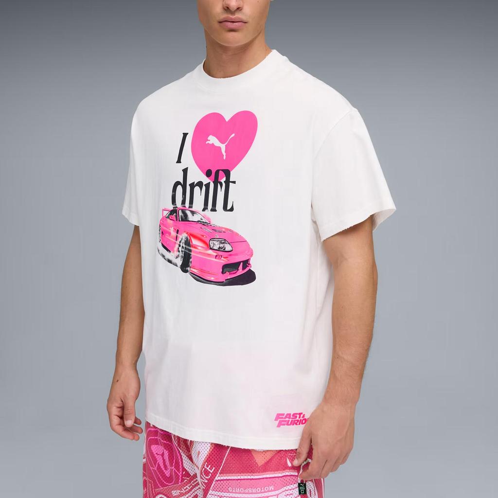 Puma Men's White Crew Neck T-Shirt With Pink Sports Car Print And Fast & Furious Logo 637899-01