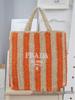 Striped Handmade Straw Tote with Letter Embroidery - Casual Beach Travel Bag