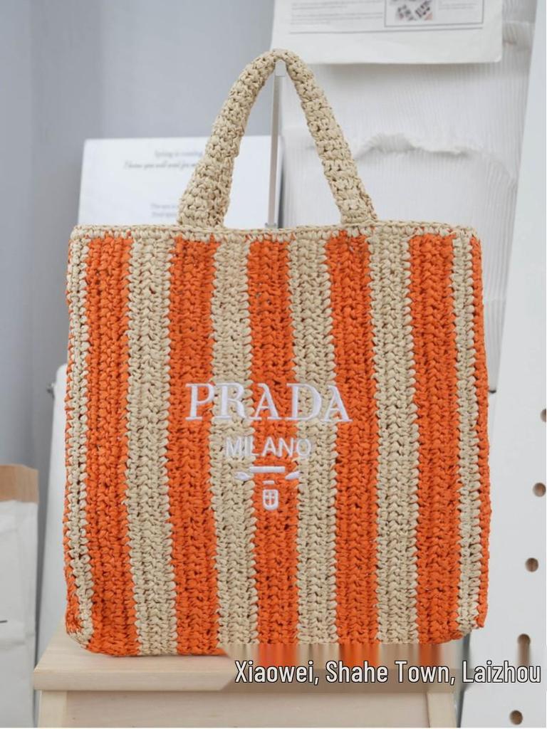 Striped Handmade Straw Tote with Letter Embroidery - Casual Beach Travel Bag