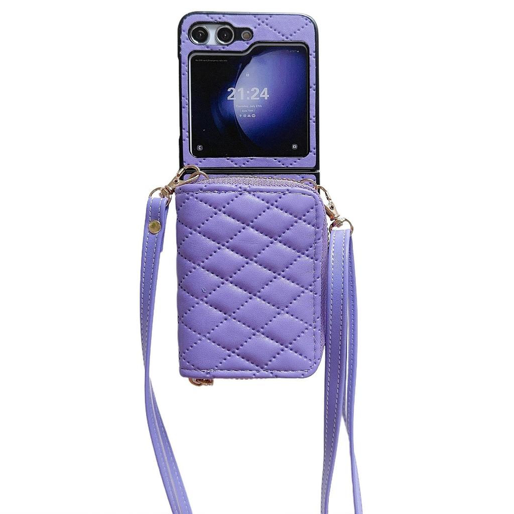 For Samsung Galaxy Z Flip5 5G Phone Case Card Bag PU Leather+PC Cover with Crossbody Strap