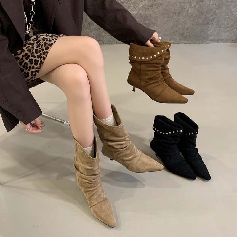 European and American fashion rivet pleated piled boots women's 2025 new suede small square heel temperament short boots