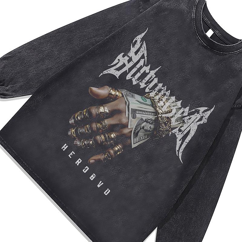 American Retro Digital Direct Injection Printing Bottoming Shirt Top Hip-Hop Pure Cotton Washed Loose Long-Sleeved T-Shirt Men