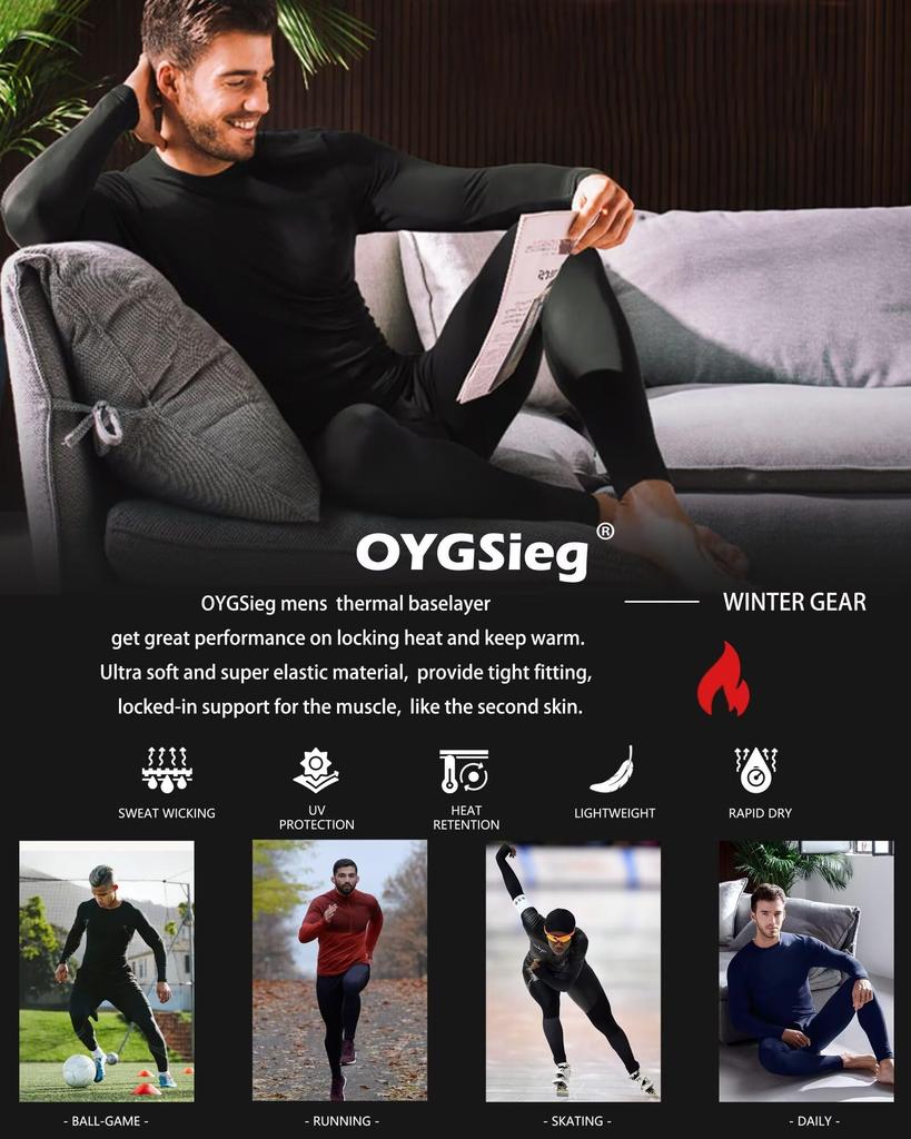 OYGSieg Heattech Warm Innerwear Long Sleeve Shirt and Winter Wear Weather and Size 2XL Men's Set, V-Neck Pants, Fleece-Lined, Front-Opening, [Cold