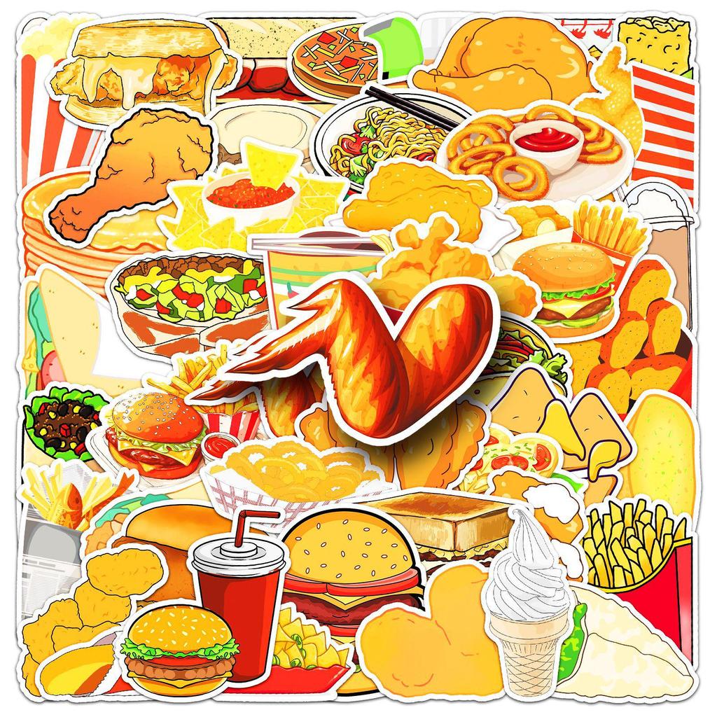 50pcs Cartoon Fast Food Stickers: Fried Chicken, Burger, Foodie Graffiti, Waterproof for Decoration, Fridge, Journal
