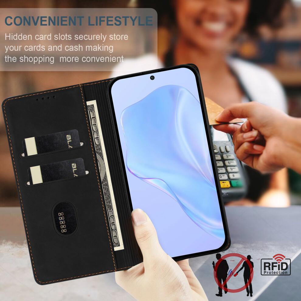 (Black) Phone Cover For iPhone 16e / iPhone 17e Case HX RFID Blocking Wallet Stand Leather Flip Phone Cover