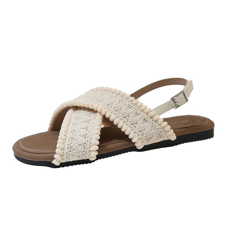 Sandalen mit flacher Sohle Damen 2024 neu Sommer Retro Ethno Fee Wind Wind Strand Draußen Hausschuhe