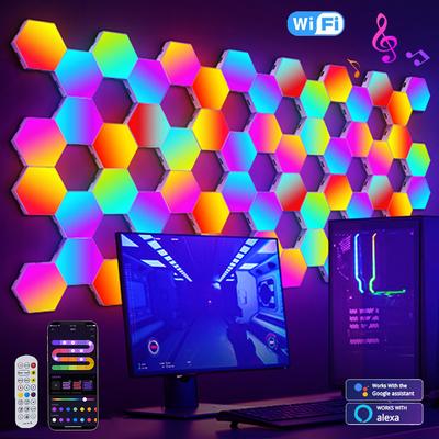 Inteligentna sześciokątna lampa ścienna RGB, zmieniająca kolor, nocne światło otoczenia, kształt DYI, rytm muzyczny, sterowanie aplikacją do pokoju gier, sypialnia