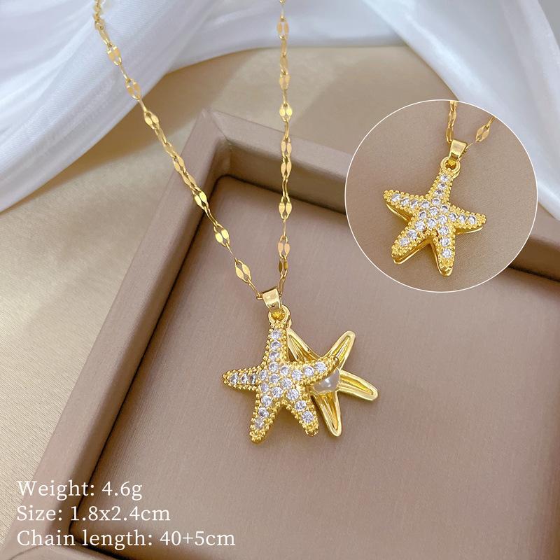 Sea Star Pearl Light Luxury Temperament Gorgeous Full Diamond Necklace Female Versatile Collarbone Chain Titanium Steel Chain
