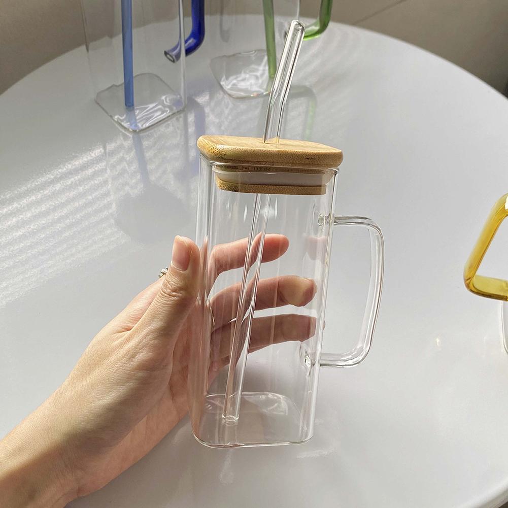 Square Borosilicate Glass Cup with Handle Bamboo Lid and Straw Clear Drinking Glass for Home Office Gift Glass Water Cup