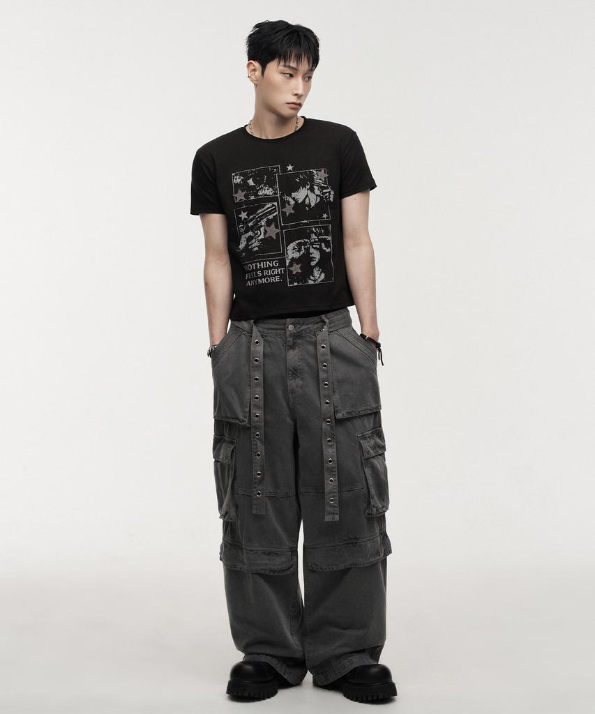 LANARCHIVE [0124] Eyelet Belt Cargo Pants - Charcoal