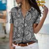 2025 Summer New Fashion Women's Retro Printed Short Sleeve V-neck Casual Button-down Shirt Top