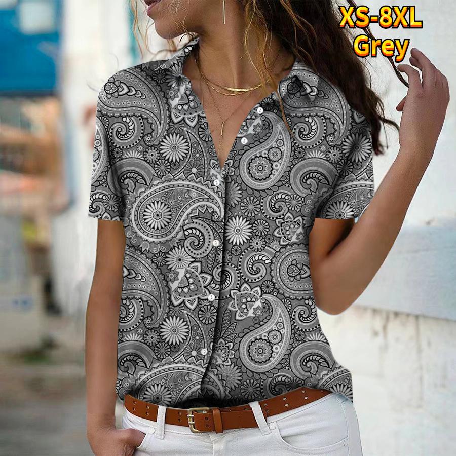 2025 Summer New Fashion Women's Retro Printed Short Sleeve V-neck Casual Button-down Shirt Top