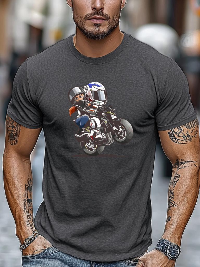 Unisex Royal Blue Crew Neck Tee Cartoon Couple Rider With Full Helmet Sport Motorcycle Graphic Biker Soft Cotton Male Casual Tops