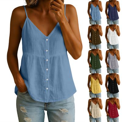 Women’s Summer V Neck Button Down Adjustable Strap Loose Fit Sleeveless Casual Tank Blouse Top for Daily Wear
