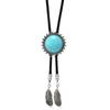 Men's Rodeos Western Leather Cord Bolo Tie Antique Floral Stone Jewelry Cowboy Necktie Necklace with Feathered Pendant