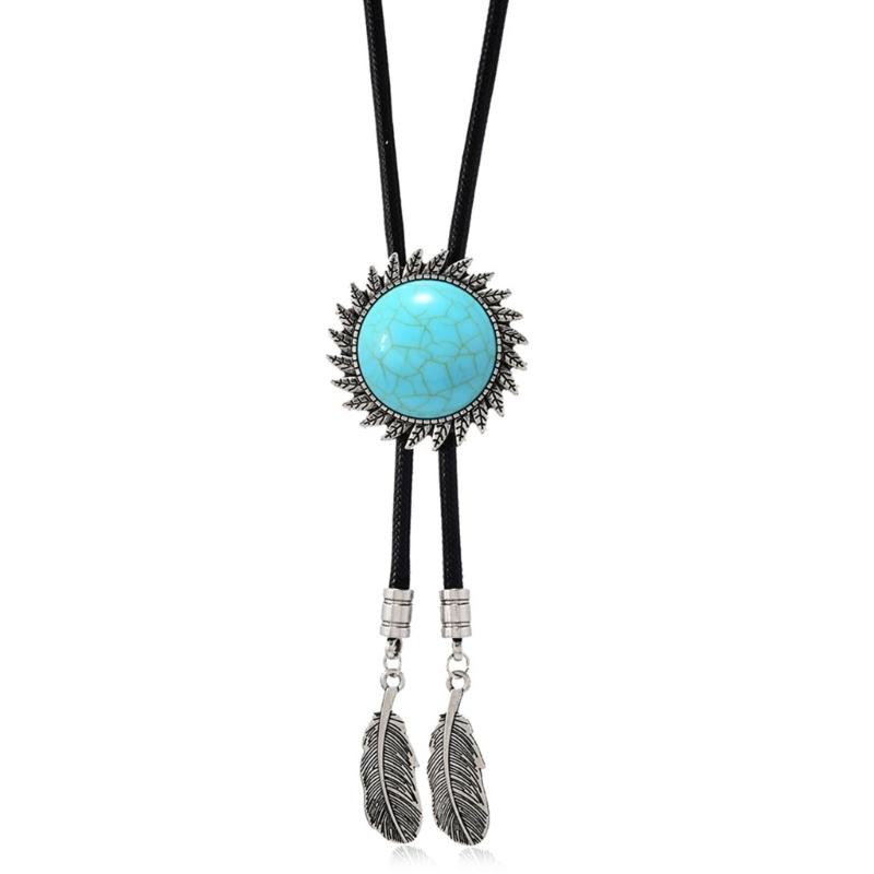 Men's Rodeos Western Leather Cord Bolo Tie Antique Floral Stone Jewelry Cowboy Necktie Necklace with Feathered Pendant