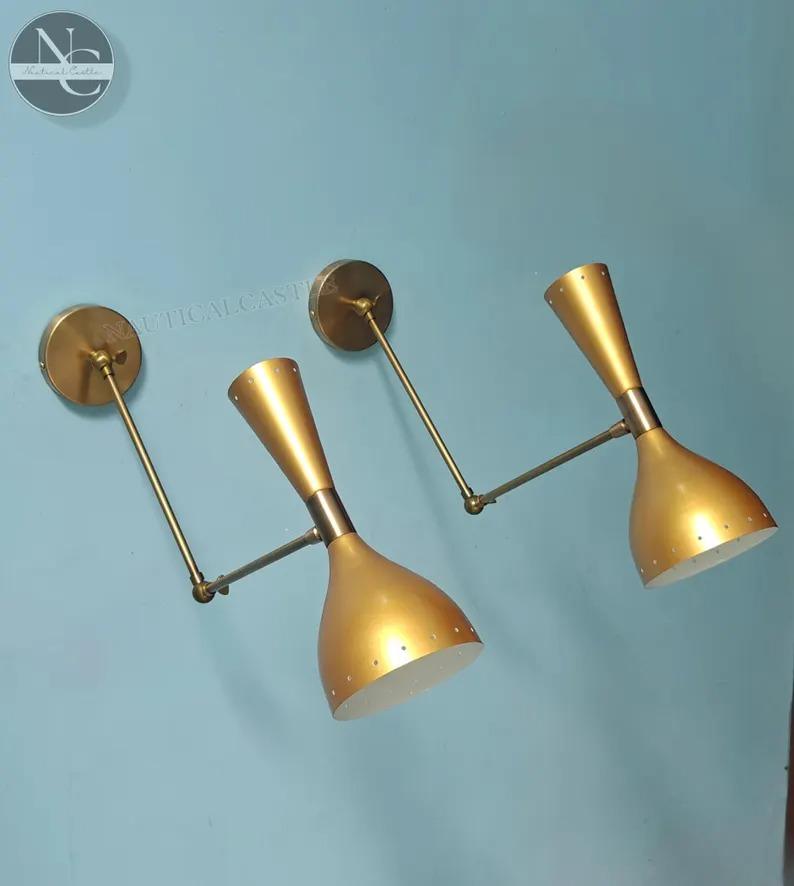 Brass Diabolo Wall Sconce Pair: Mid-Century Modern Italian Lighting
