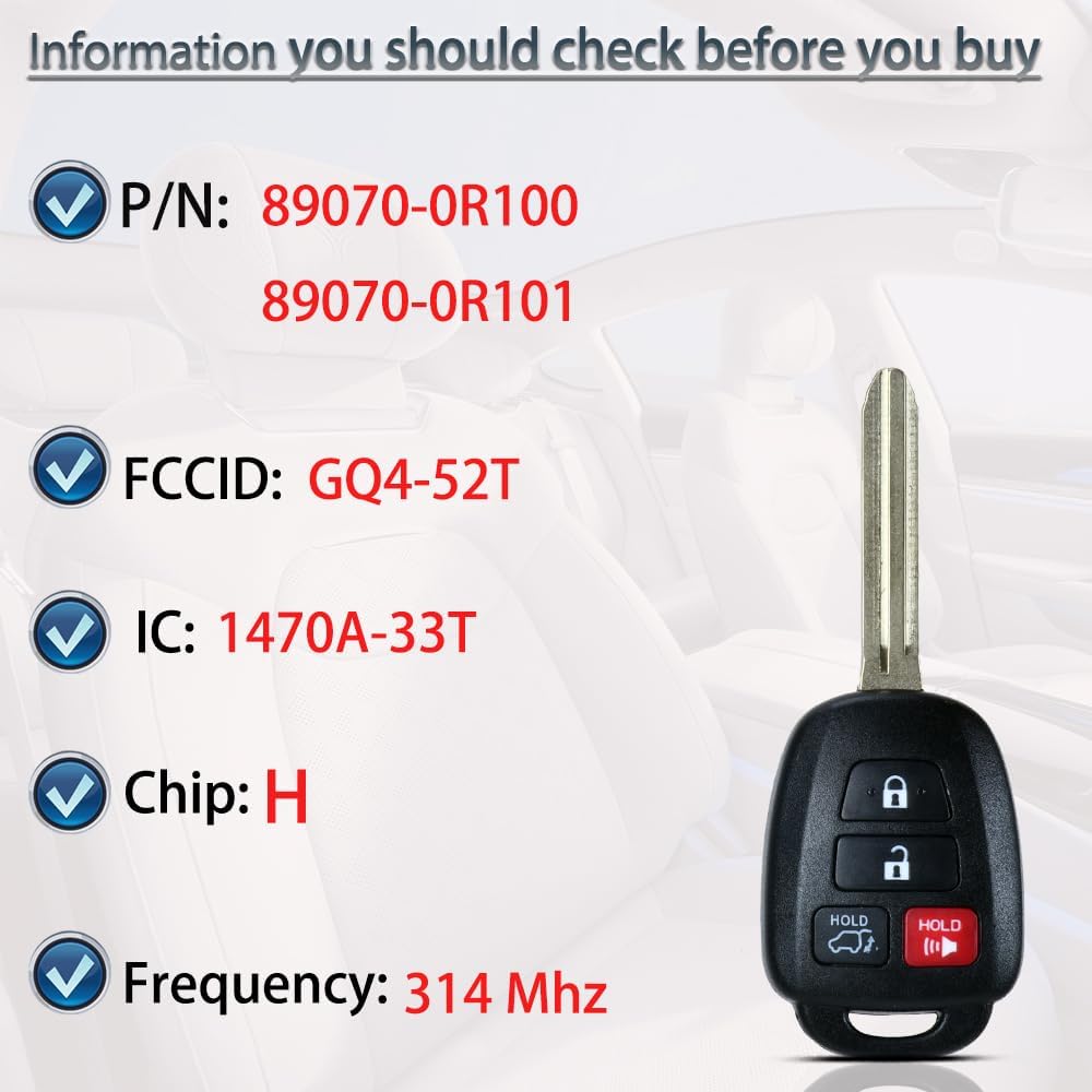Key Fob Keyless Entry Fits For 2013-2018 Toyota RAV4 / 2014- Highlander / 2018- Sequoia Remote Control Key Replacement 4 Button GQ4-52T 89070-0R100
