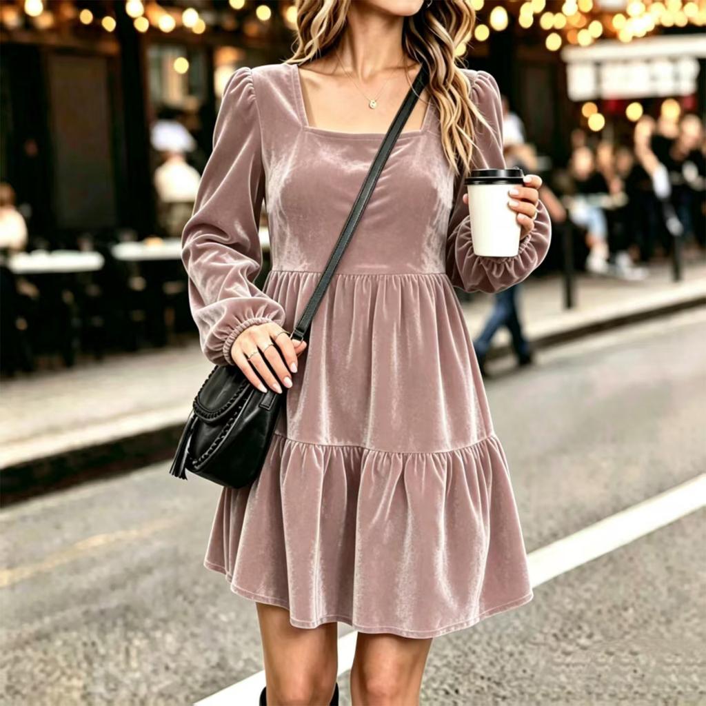 Women's Velvet Long Sleeve Square Neck Dress, Vintage Elegant for Fall and Winter