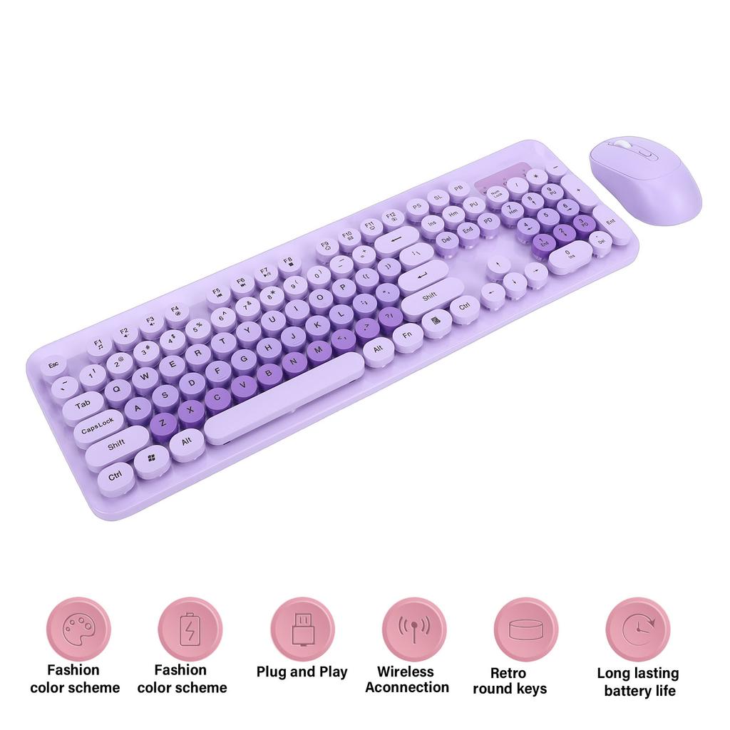 Wireless Keyboard Wireless Cute Keyboard And Mouse 104 Keys Typewriter  Retro Round Keycaps Keyboard For Pc Laptop Desktop